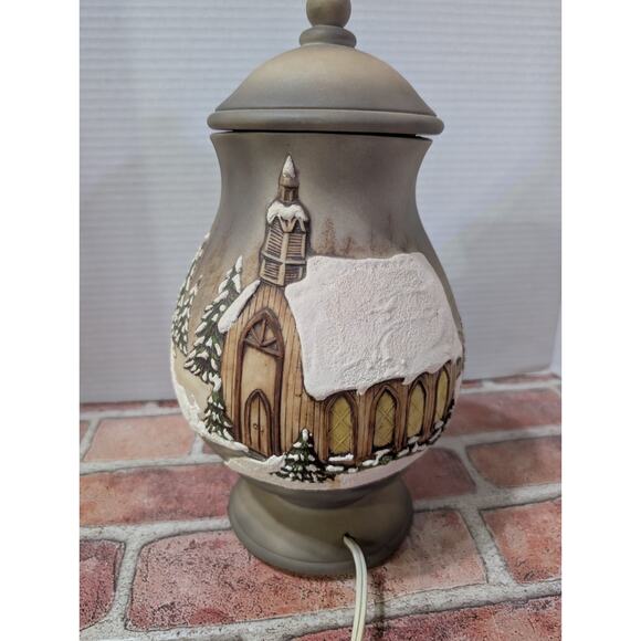 Vintage Hand Painted Ceramic Lamp Jar Light Snow Coverd Winter Church Home Scene - Picture 5 of 8